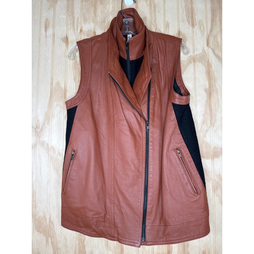 Mural Leather Moto Biker Vests Brown Black Zips Front Stretch Back Womens Medium - Picture 9 of 11